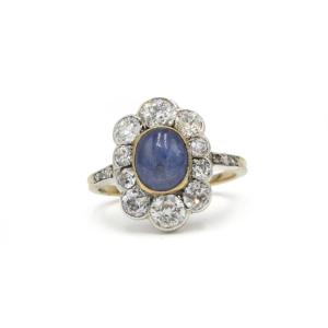 18k Gold Ring With Diamonds And Sapphire, 8 Old-cut Diamonds, 2 Carats Total 