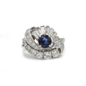 White Gold Ring With Diamonds And Sapphire  