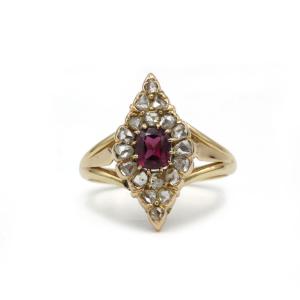 Antique Marquise Ring In 18k Yellow Gold, Rose-cut Diamonds And Rubies 