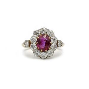 Antique Daisy Ring With Unheated Burmese Ruby, 18k Gold And Platinum