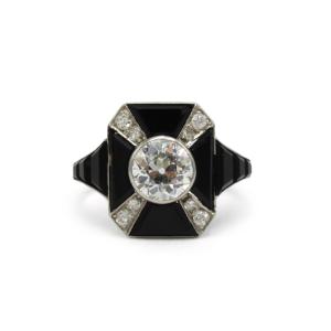 Bague Géométrique Art Déco en Platine, Onyx et Diamant