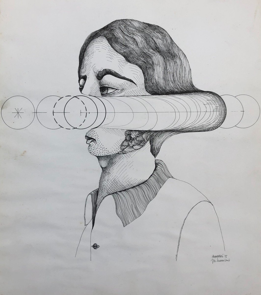 Portrait, Surrealist School, Drawing Signed Humbert And Dated 1975