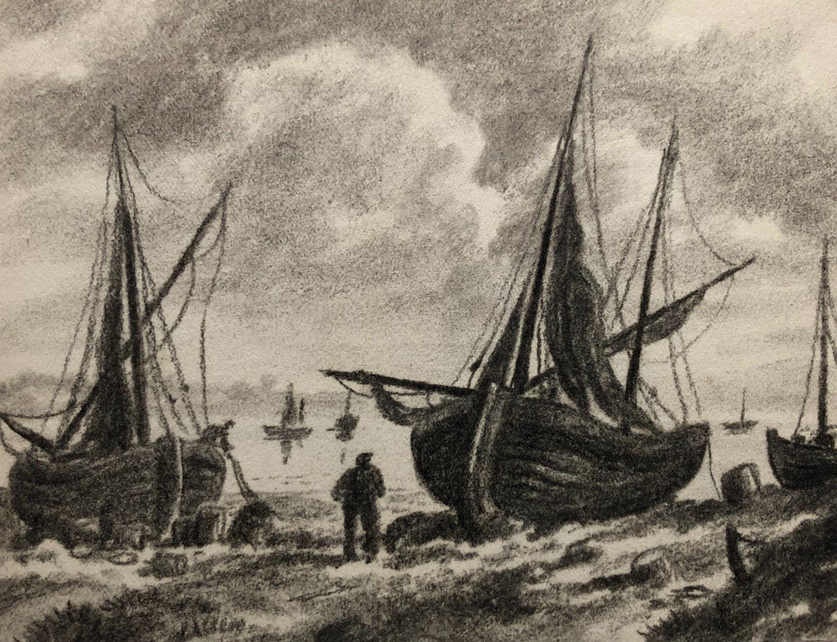 Pêcheurs Et Bateaux à Marée Basse, Dessin Début XXe