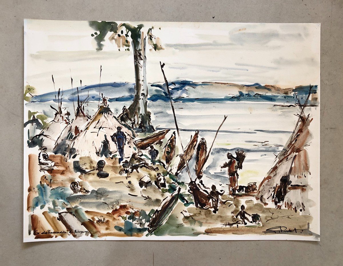 Le Débarcadère Des Pirogues, Bangui, Aquarelle, Signature à Identifier-photo-2