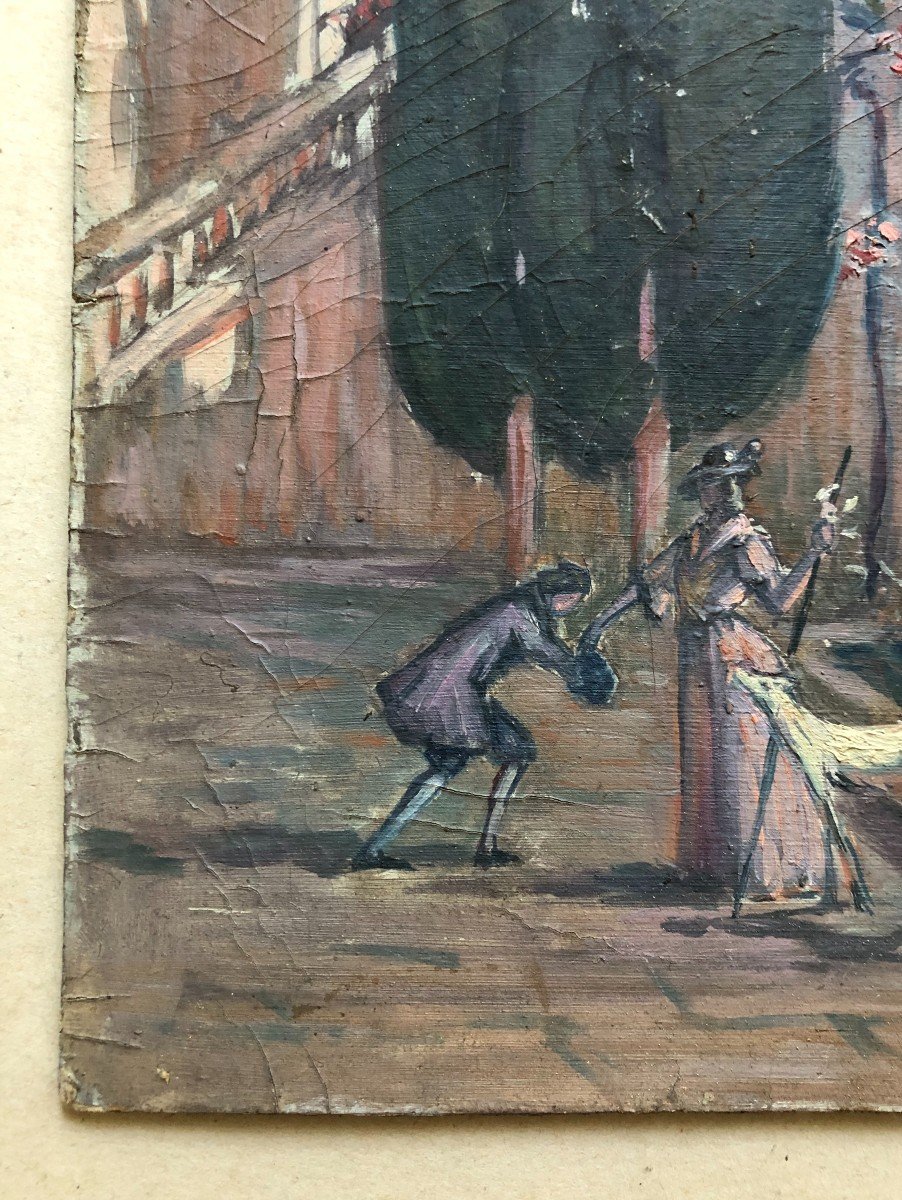Gallant Scene In A Park, Oil On Cardboard Early 20th Century-photo-2