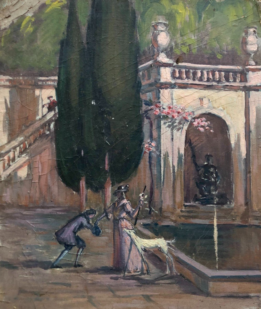Gallant Scene In A Park, Oil On Cardboard Early 20th Century