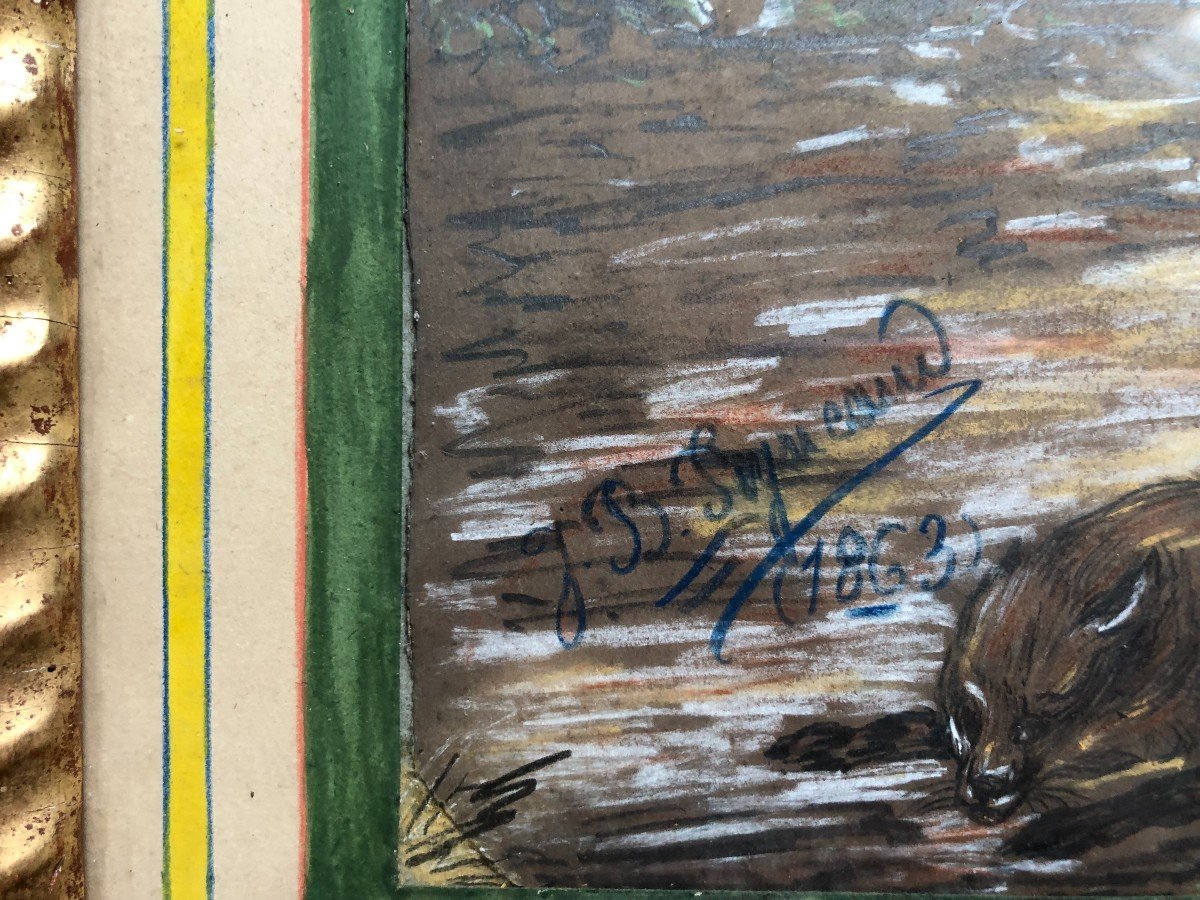 La Chasse Au Renard, Dessin Signé Et Daté 1863-photo-3