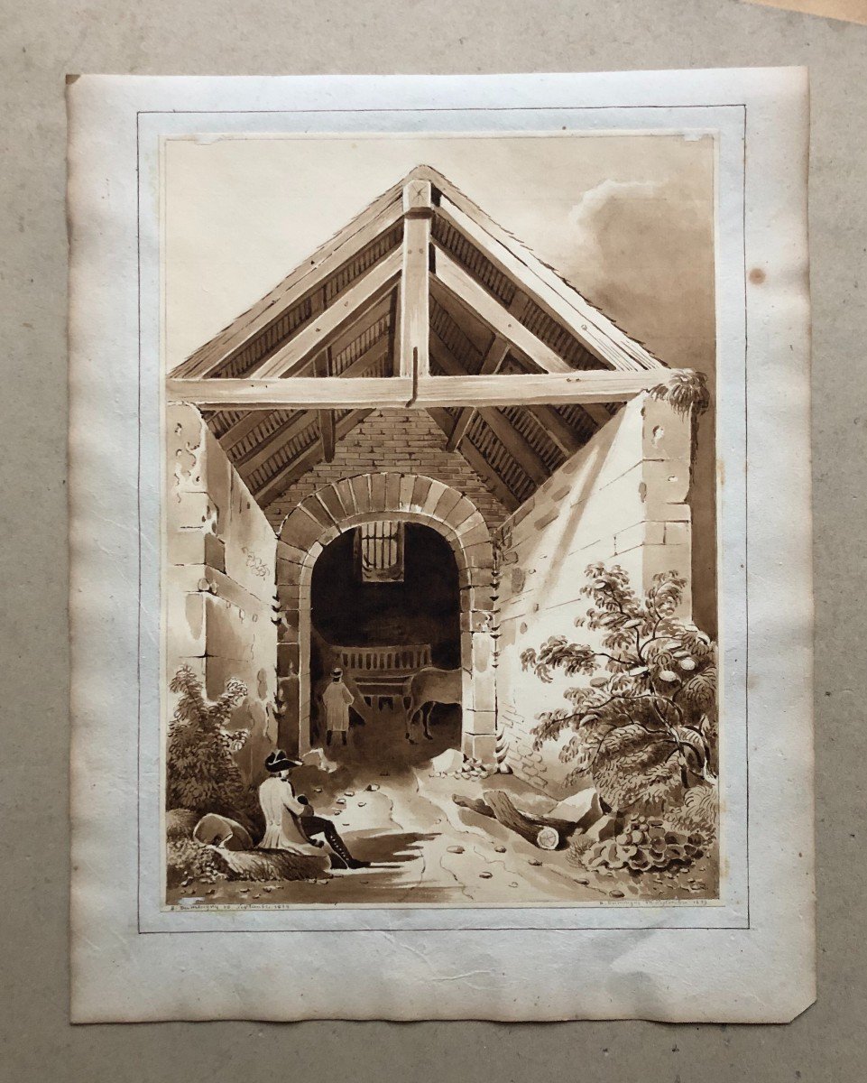 Intérieur d'étable, Lavis d'Encre Brune Signé B. Duminguy 1839-photo-2