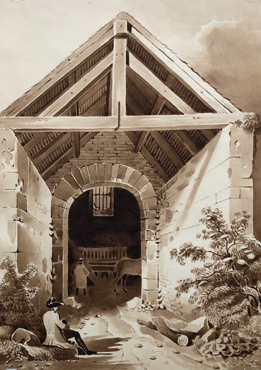 Intérieur d'étable, Lavis d'Encre Brune Signé B. Duminguy 1839