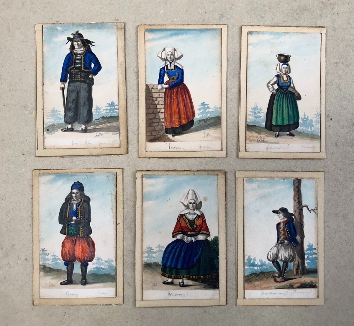 Costumes Bretons, 6 Petites Aquarelles XIXe