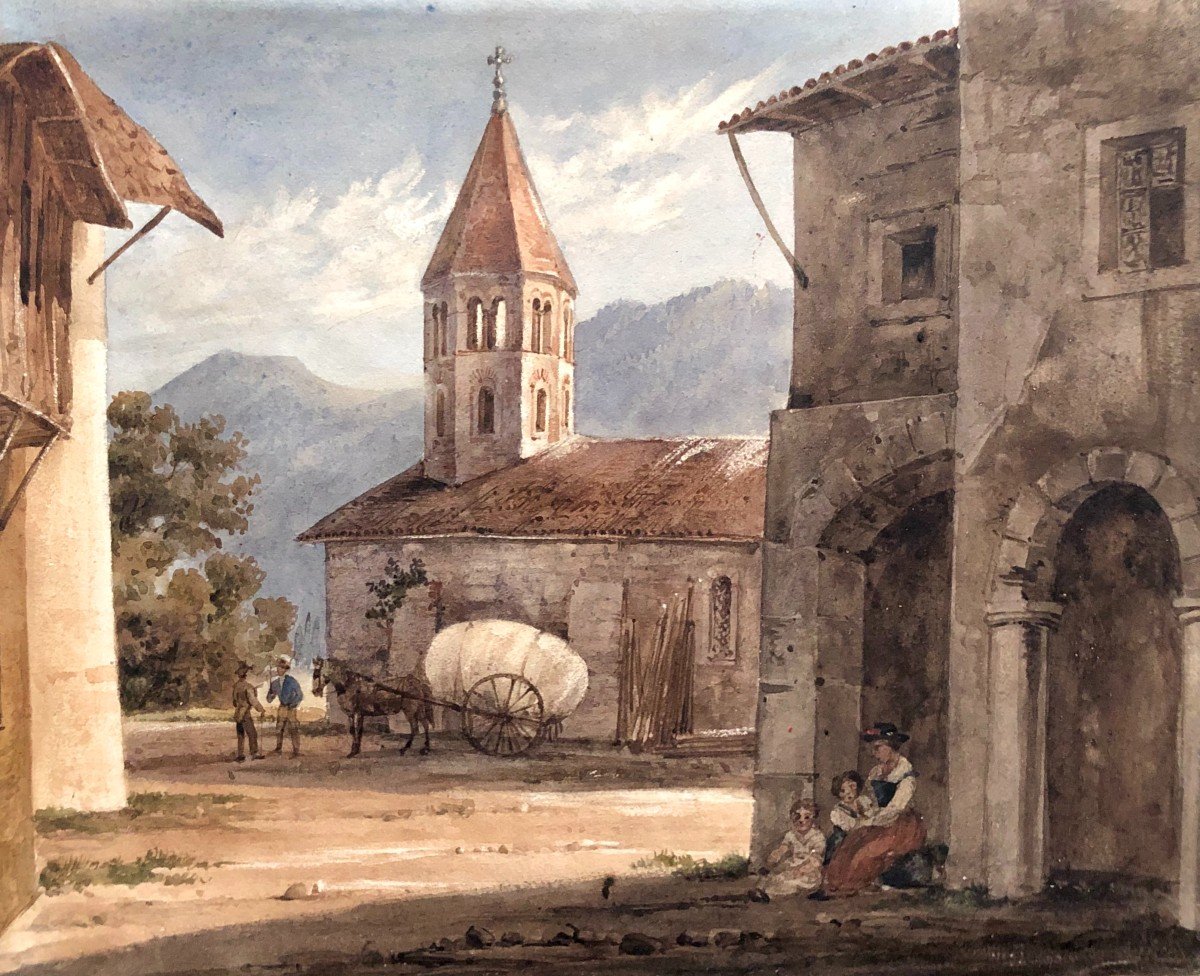 Lively Village, 19th Century Watercolor