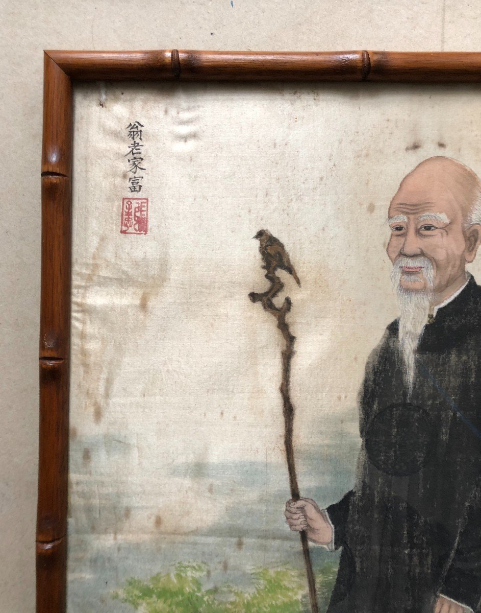 Portrait Of An Asian, Watercolor On Silk Early 20th Century-photo-2