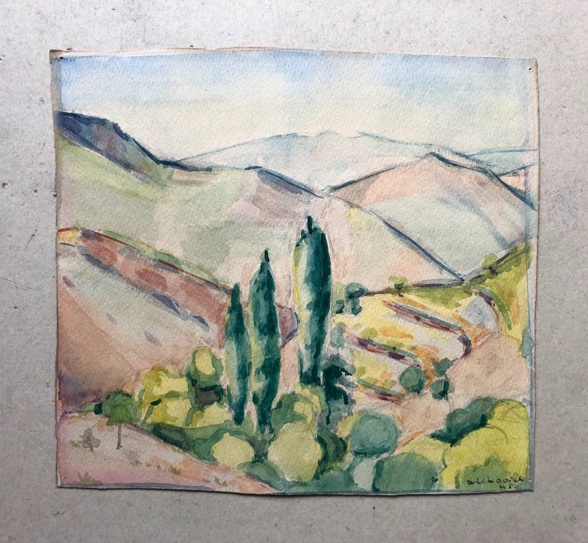 Provençal Landscape, Watercolor Signed Slebovich (?)