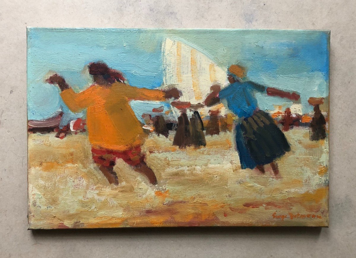 Serge Delaveau, Characters On A Beach, Oil On Canvas -photo-2