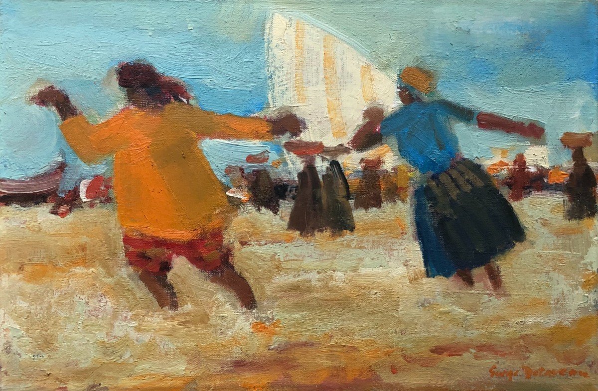 Serge Delaveau, Characters On A Beach, Oil On Canvas 
