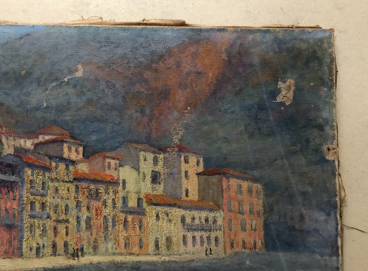 Mediterranean Port, Oil On Canvas Early 20th Century To Be Restored-photo-4