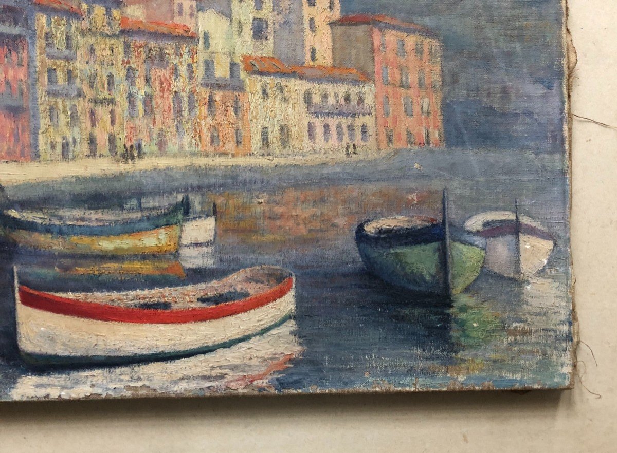 Mediterranean Port, Oil On Canvas Early 20th Century To Be Restored-photo-1