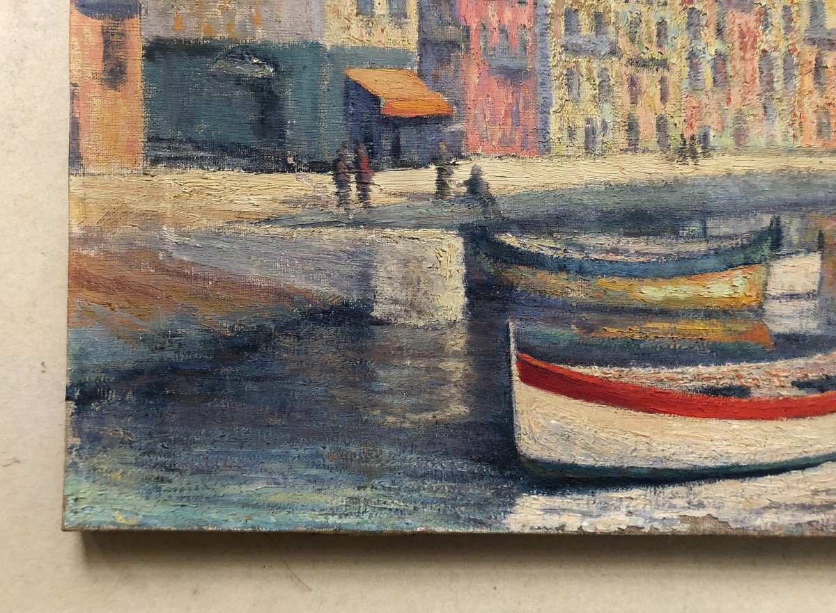Mediterranean Port, Oil On Canvas Early 20th Century To Be Restored-photo-2