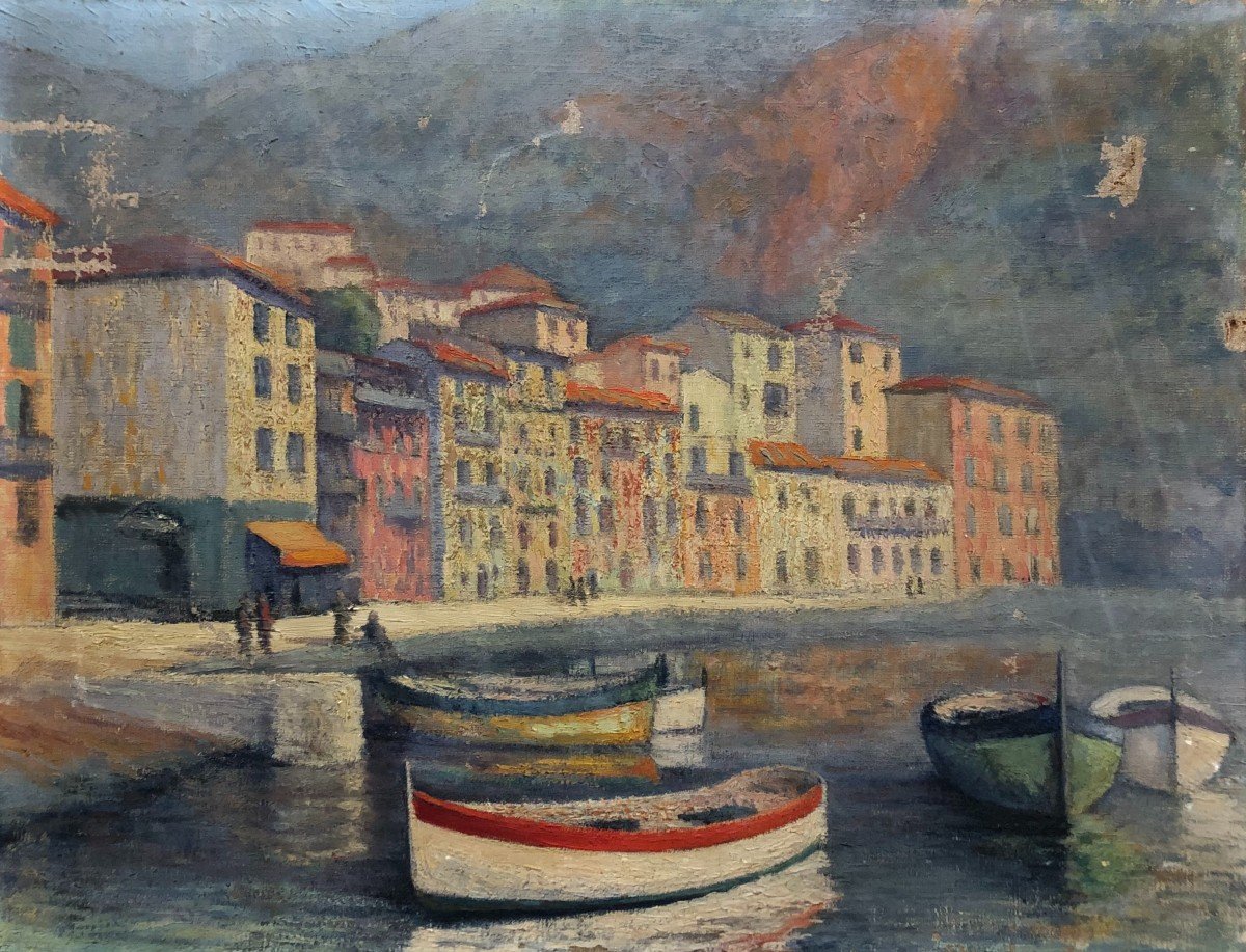 Mediterranean Port, Oil On Canvas Early 20th Century To Be Restored