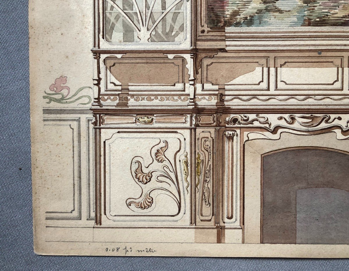 Art Nouveau Woodwork Study, Watercolor Drawing-photo-1