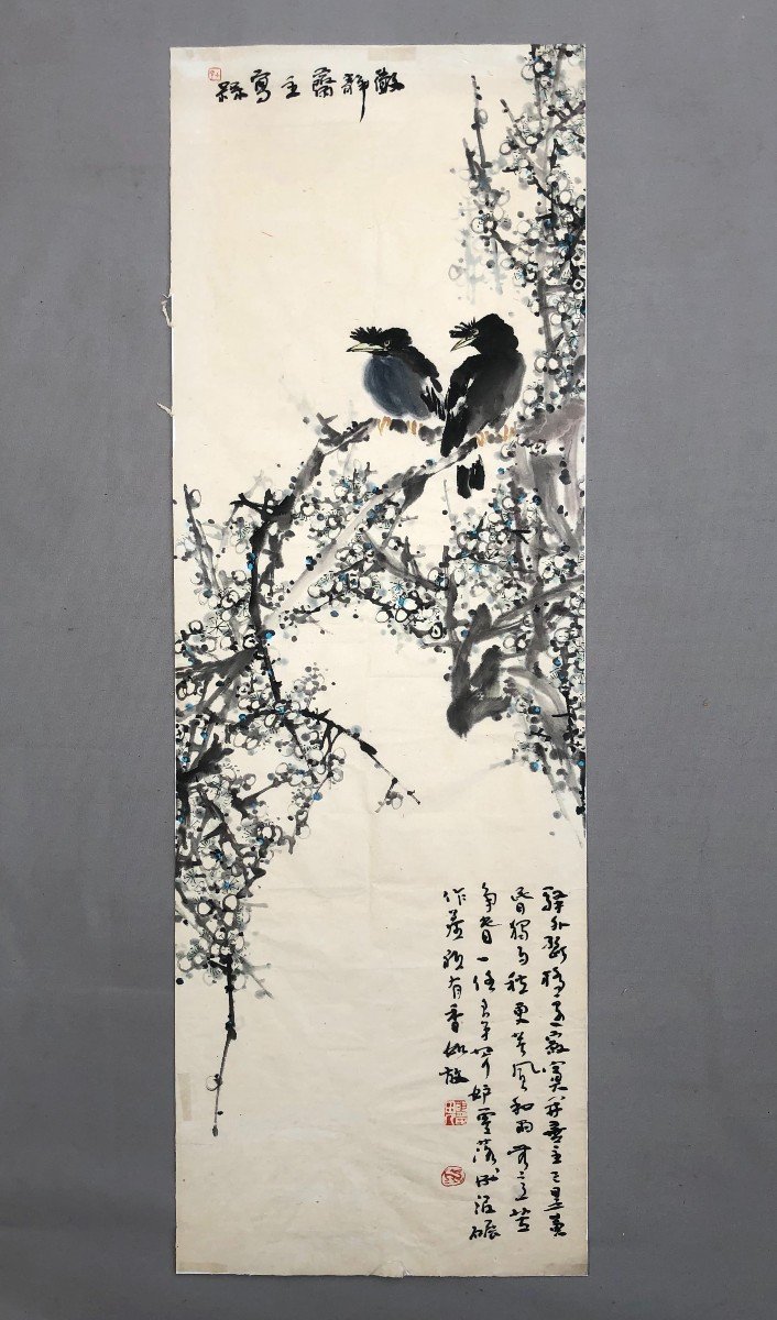 Oiseaux Branchés, Aquarelle Chinoise Début XXe, Grand Format