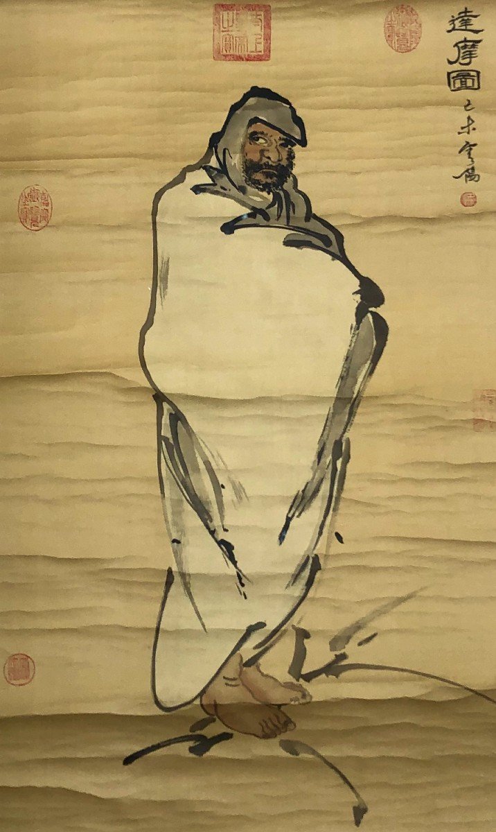 Personnage Debout, Peinture Sur Soie, Chine, XXe