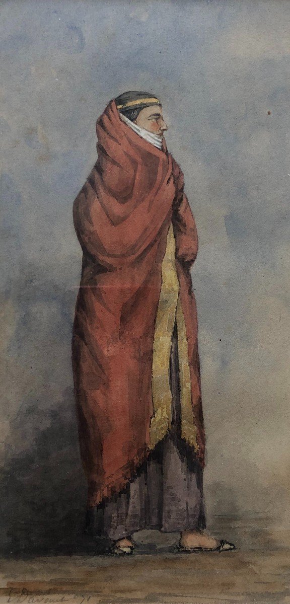 Oriental Woman, 19th Century Watercolor, Signature To Identify