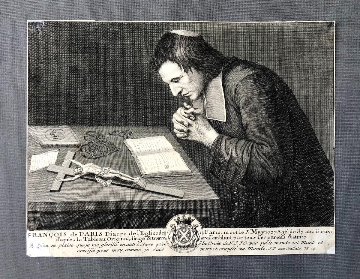 Francois De Paris In Prayer, 18th Century Engraving-photo-2