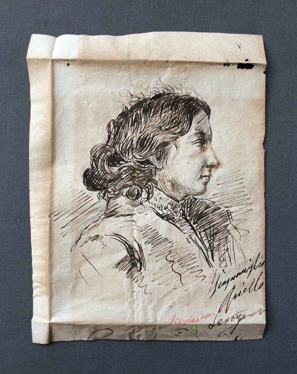 Aniello Scognamiglio, Woman Profile, Drawing In Brown Ink