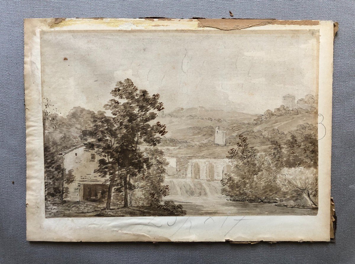 Paysage Avec Rivière, Lavis d'Encre Brune, XIXe-photo-2