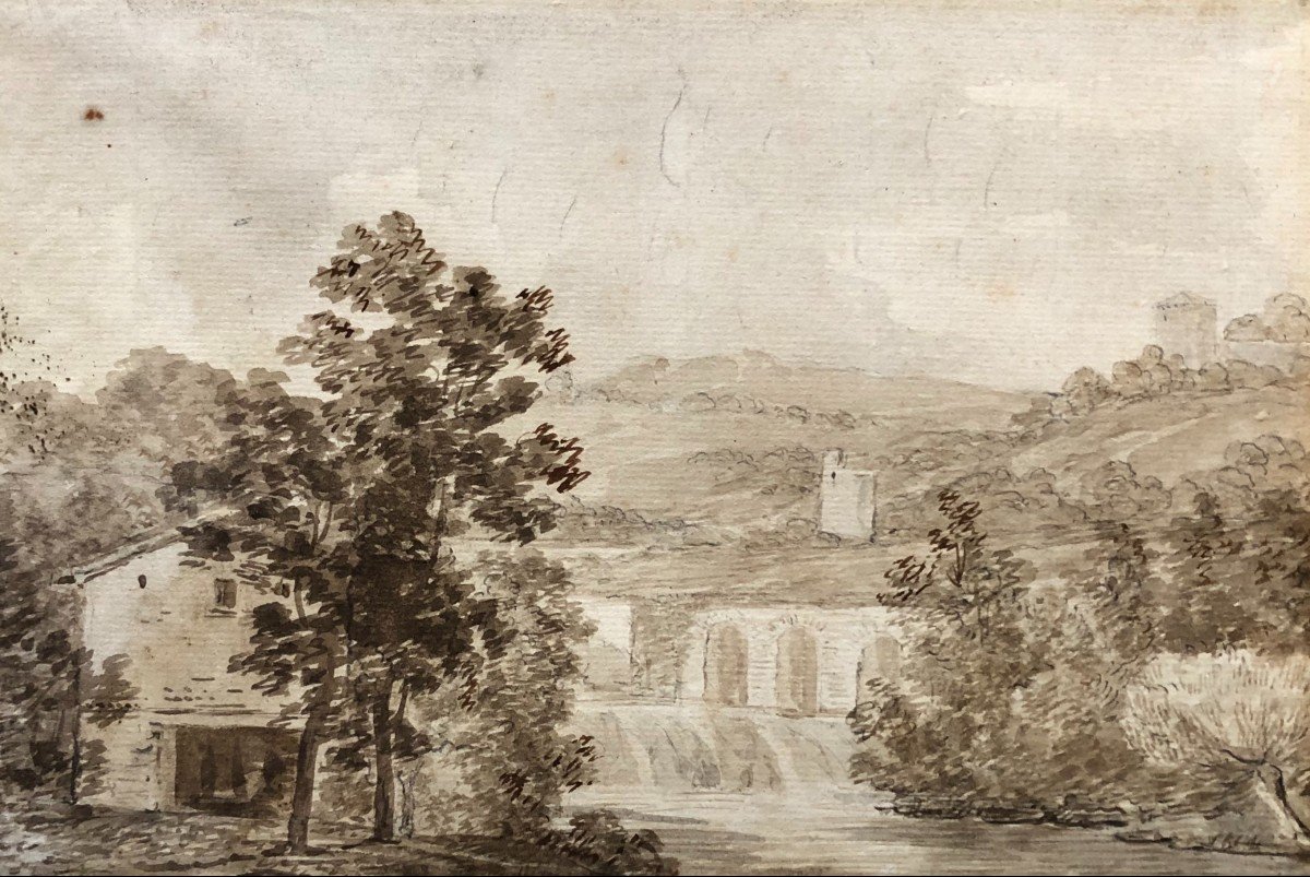 Paysage Avec Rivière, Lavis d'Encre Brune, XIXe