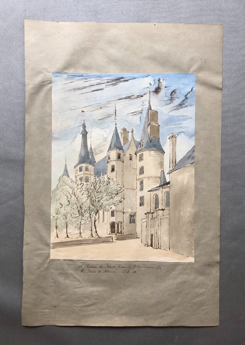 The Château De Nevers, 19th Century Watercolor-photo-2
