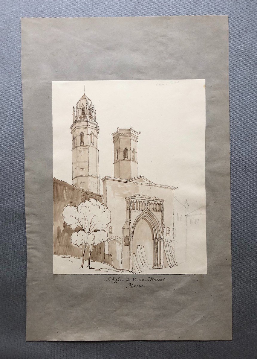 The Church Of Old Saint Vincent In Mâcon, Brown Ink Wash-photo-2