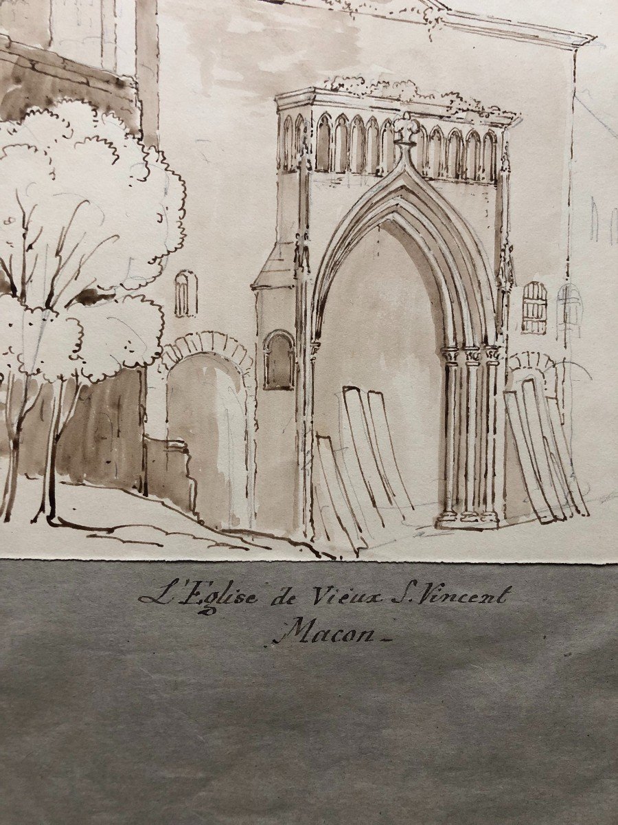 The Church Of Old Saint Vincent In Mâcon, Brown Ink Wash-photo-3