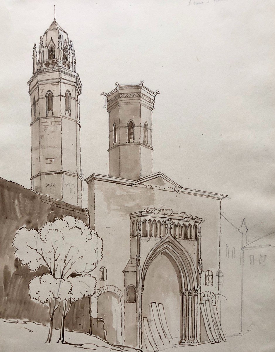 The Church Of Old Saint Vincent In Mâcon, Brown Ink Wash