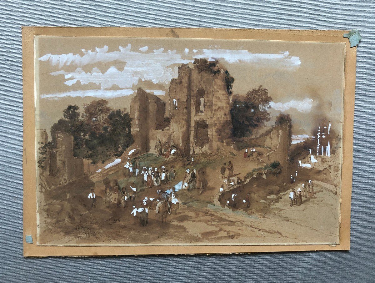 Animated Landscape With Ruins, 19th Century Drawing-photo-2