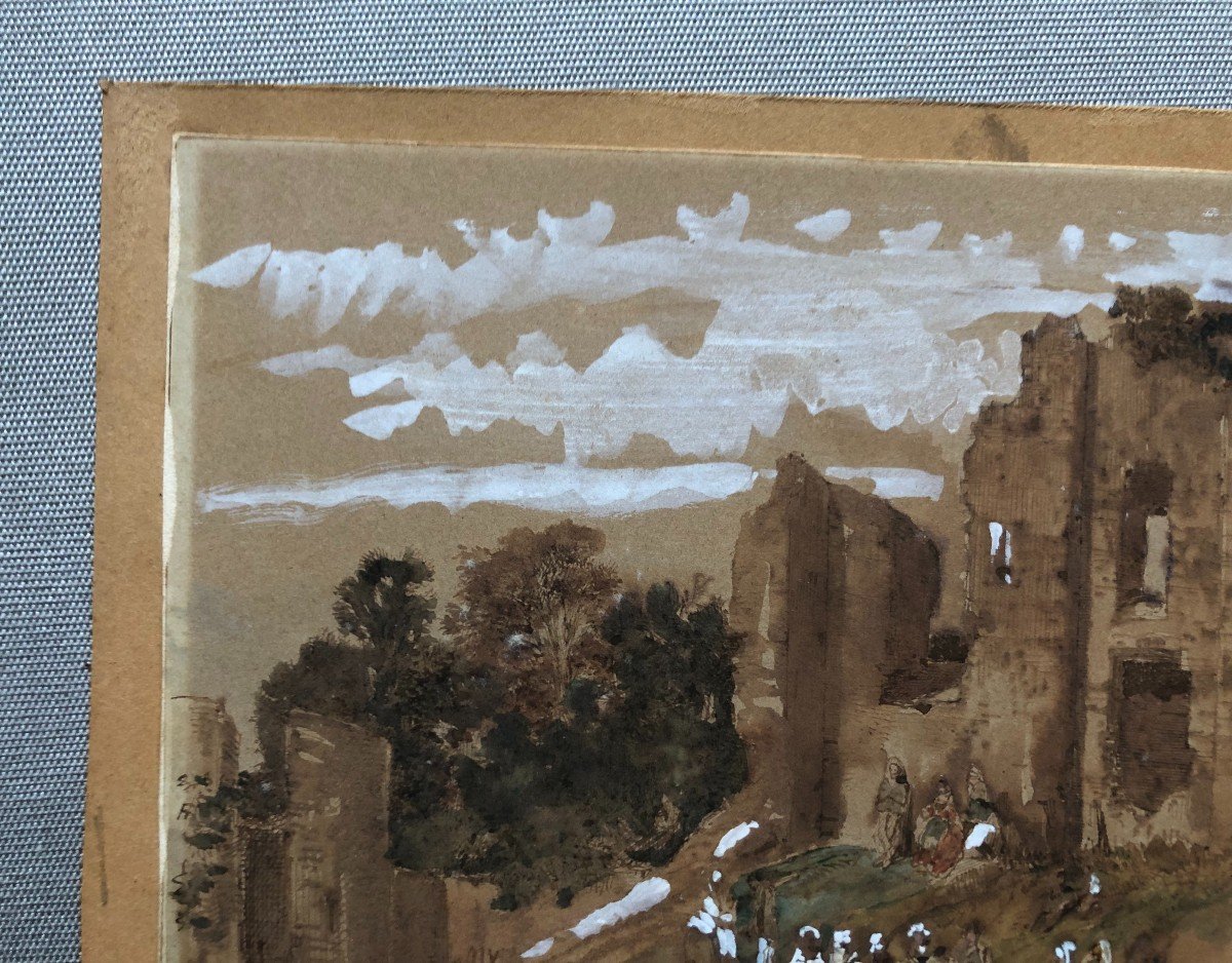 Animated Landscape With Ruins, 19th Century Drawing-photo-3