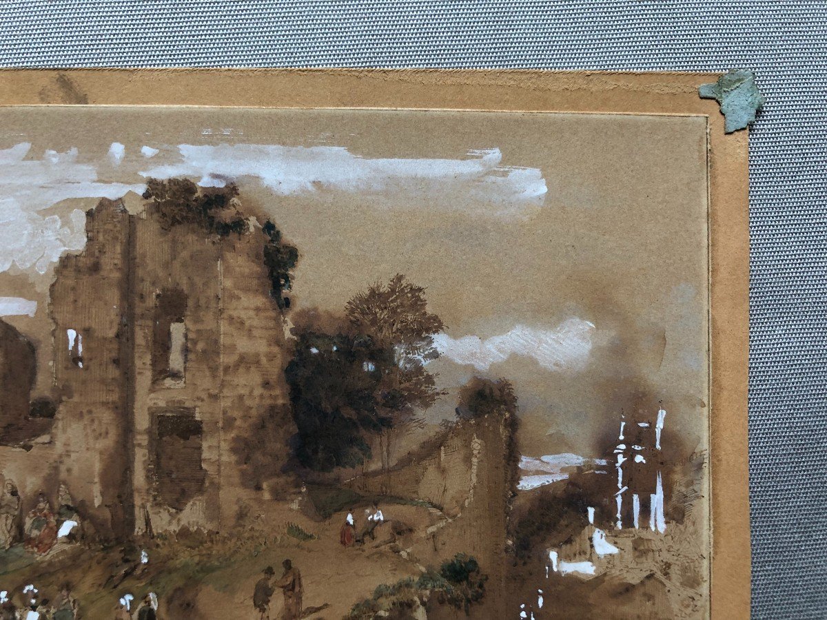 Animated Landscape With Ruins, 19th Century Drawing-photo-4