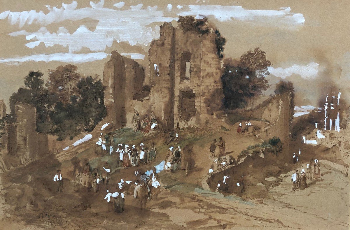 Animated Landscape With Ruins, 19th Century Drawing