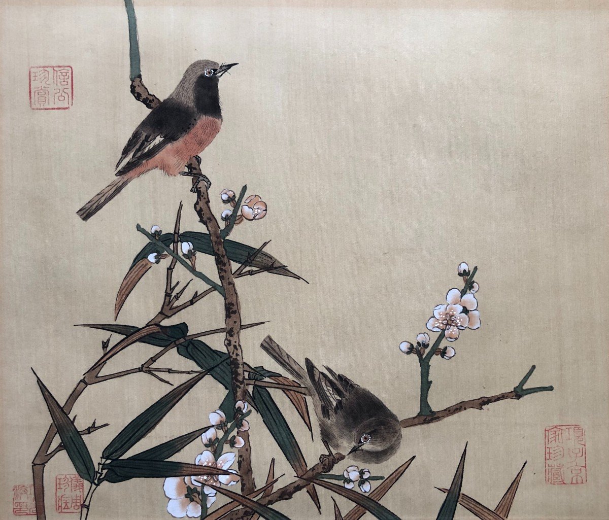 Oiseaux Branchés, Peinture Sur Soie, Chine, XXe