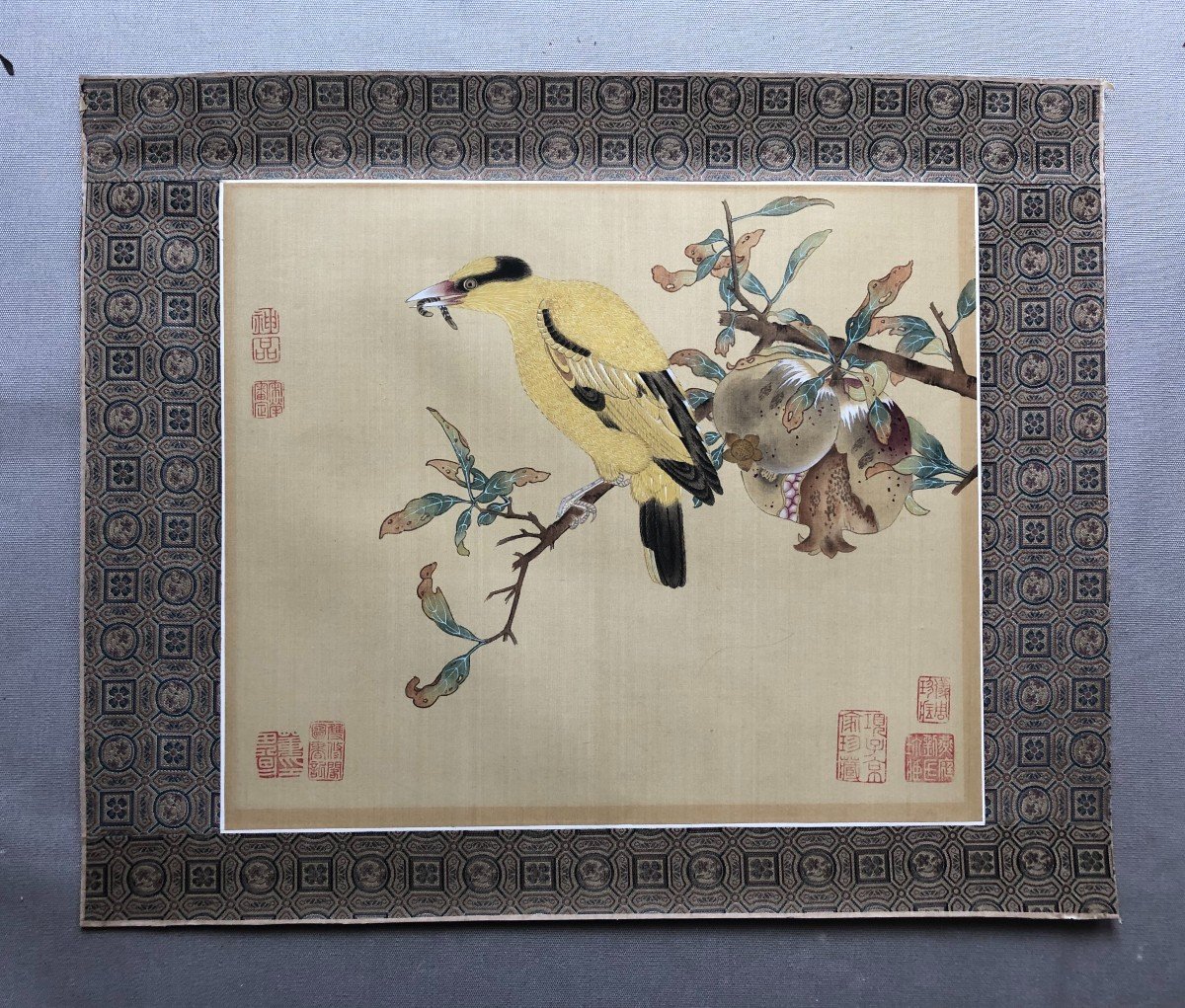 Oiseau Branché, Peinture Sur Soie, Chine, XXe-photo-2