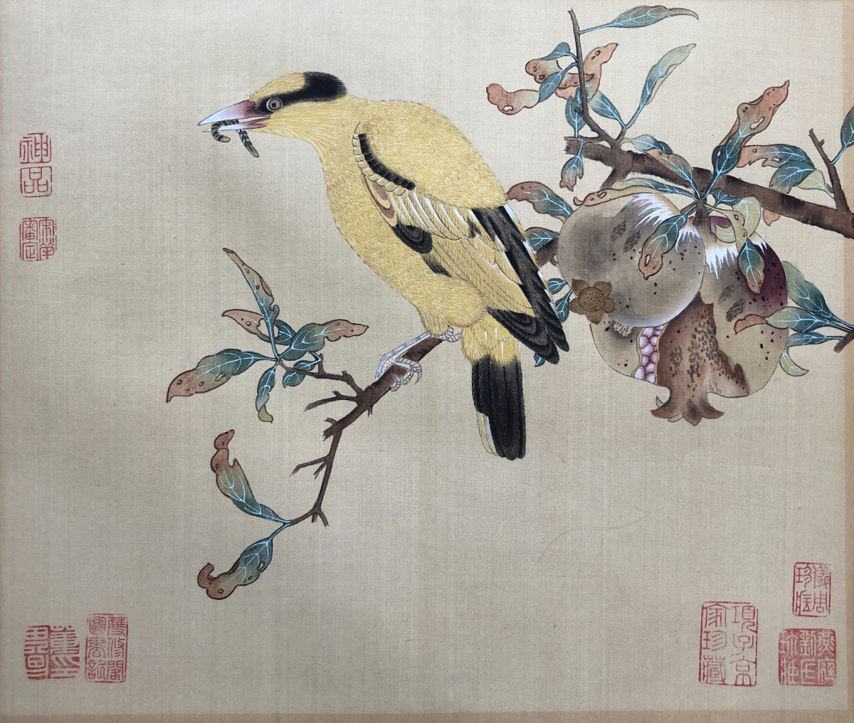 Oiseau Branché, Peinture Sur Soie, Chine, XXe