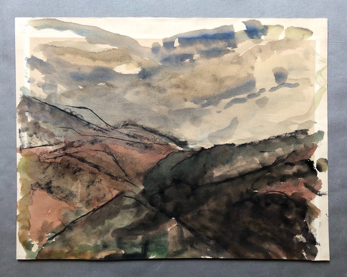 Mountainous Landscape, Watercolor On Charcoal Lines, 20th Century-photo-2