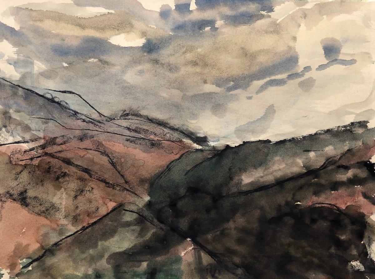 Mountainous Landscape, Watercolor On Charcoal Lines, 20th Century