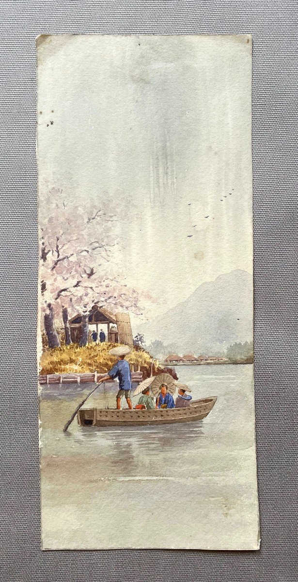 Promenade En Barque Au Japon, Aquarelle Début XXe-photo-2