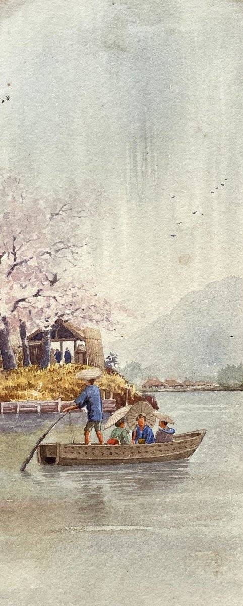 Promenade En Barque Au Japon, Aquarelle Début XXe