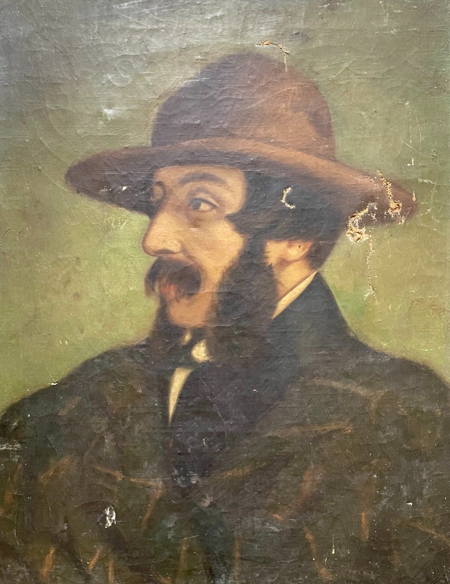 Portrait Of A Man With A Hat, Oil On Canvas, Late 19th Century 