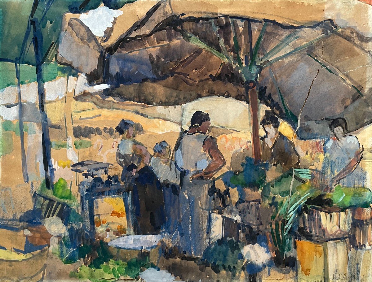 Market Scene, Indochinese School? Watercolor, Signature To Decipher
