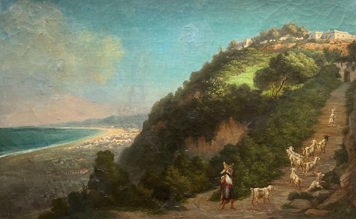Shepherd And His Goats, Landscape, Oil On Canvas