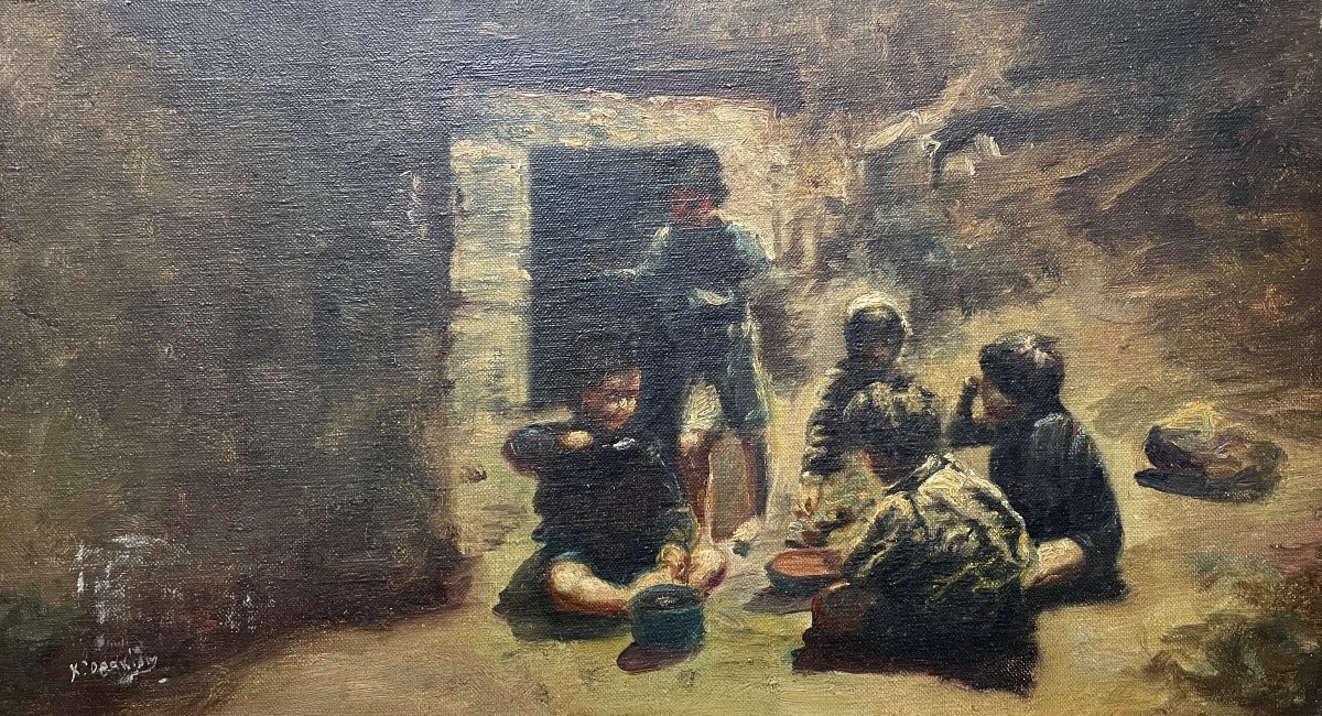 Groupe d'Enfants, Ecole De l'Est? Huile Sur Toile, Signature à Identifier
